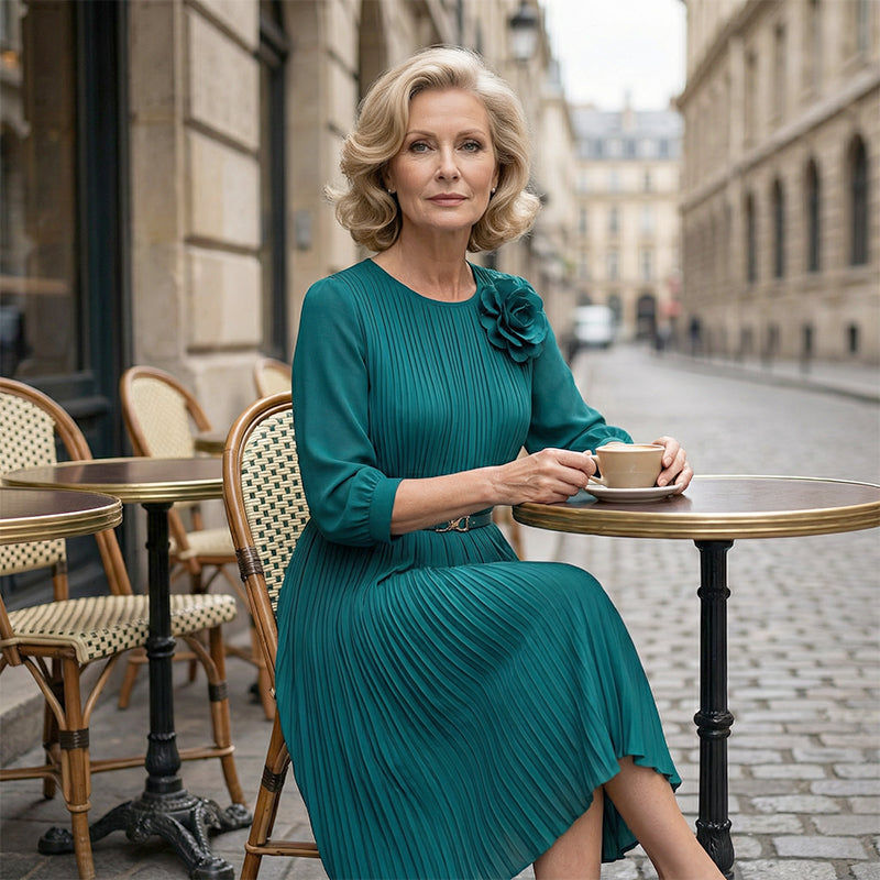 Women's 3/4 Sleeve Pleated Midi Dress with Belt