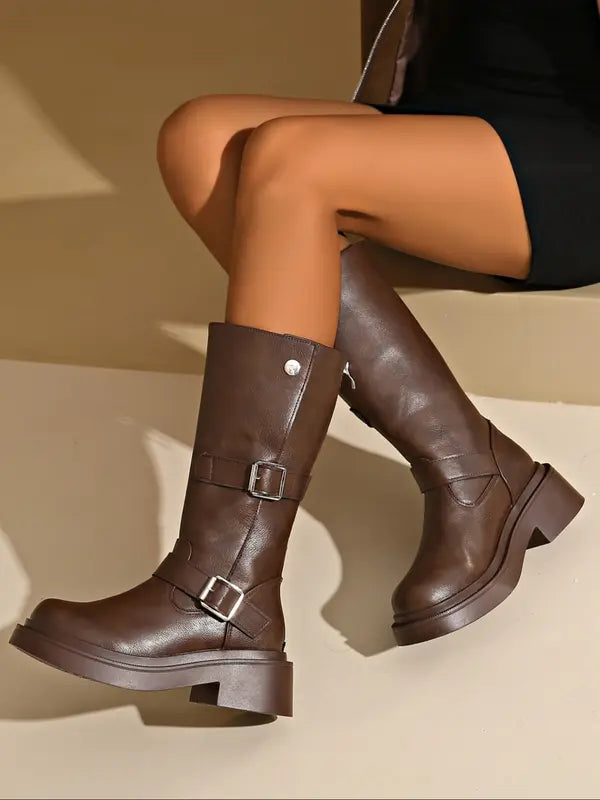 JEAN™ - Women's Thick Heel Knee-High Boots Round Toe Slim Fit High-Top Shoes in Soft Leather