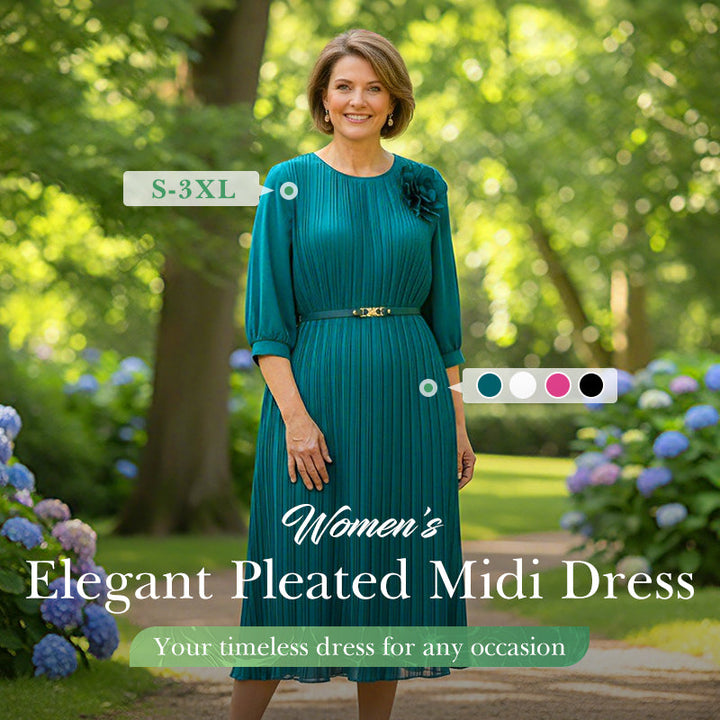 Women's 3/4 Sleeve Pleated Midi Dress with Belt