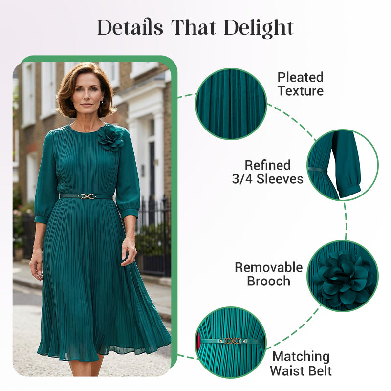 Women's 3/4 Sleeve Pleated Midi Dress with Belt