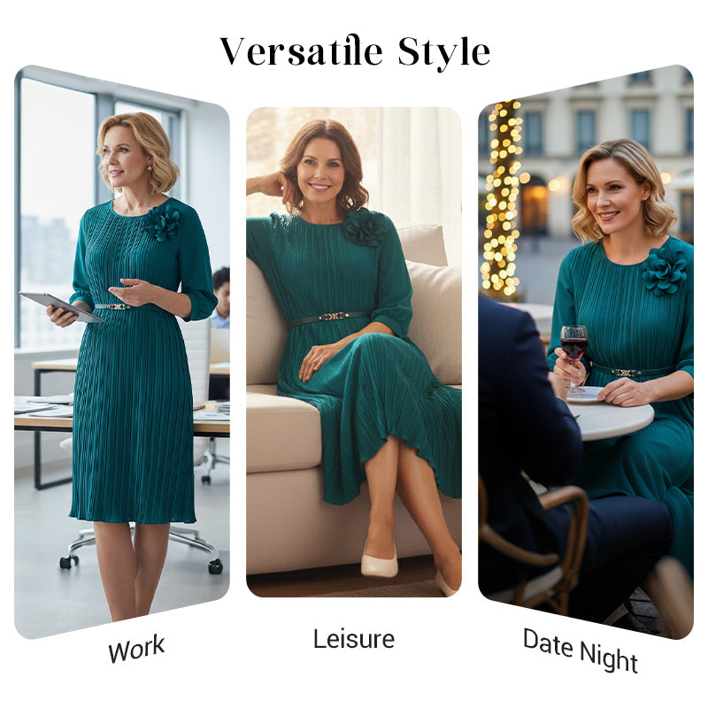 Women's 3/4 Sleeve Pleated Midi Dress with Belt