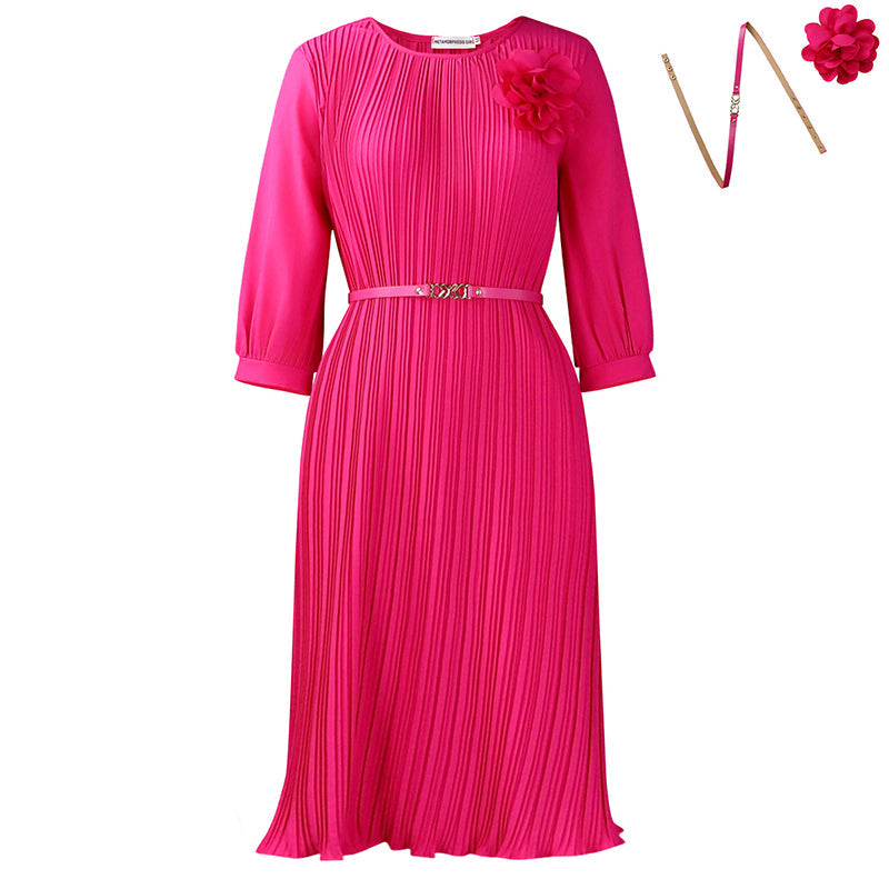 Women's 3/4 Sleeve Pleated Midi Dress with Belt