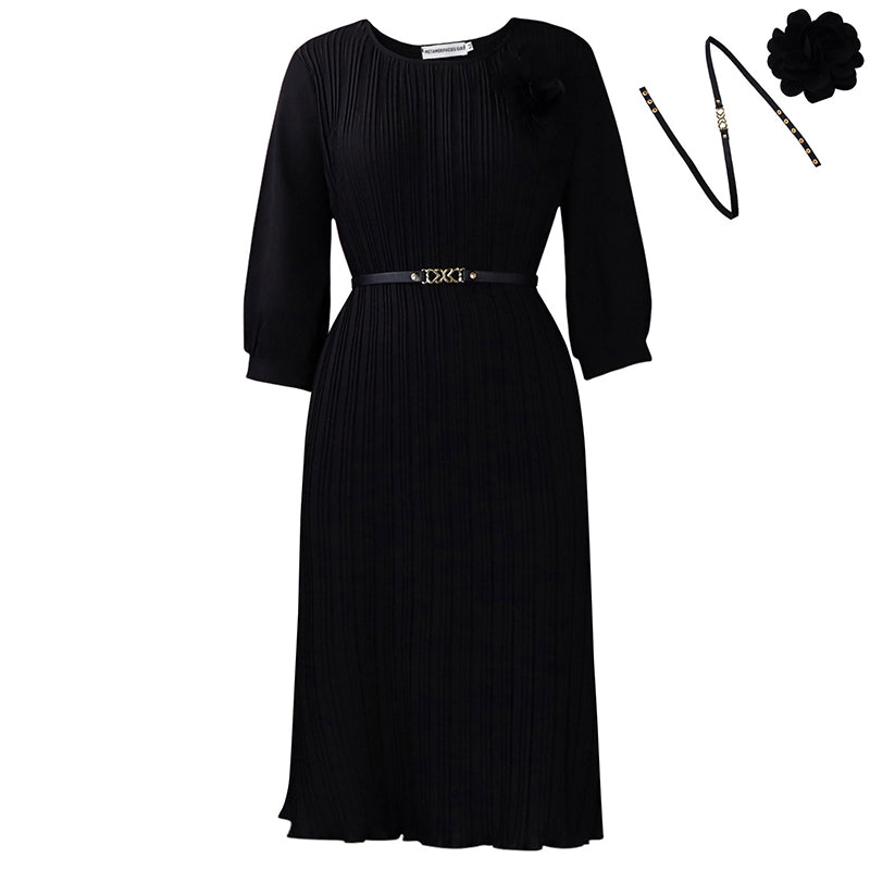 Women's 3/4 Sleeve Pleated Midi Dress with Belt