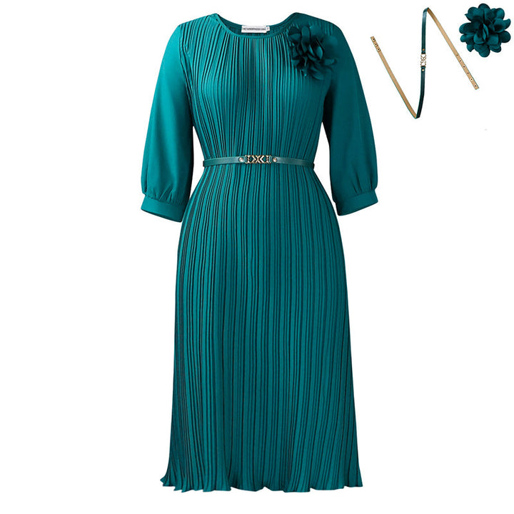 Women's 3/4 Sleeve Pleated Midi Dress with Belt