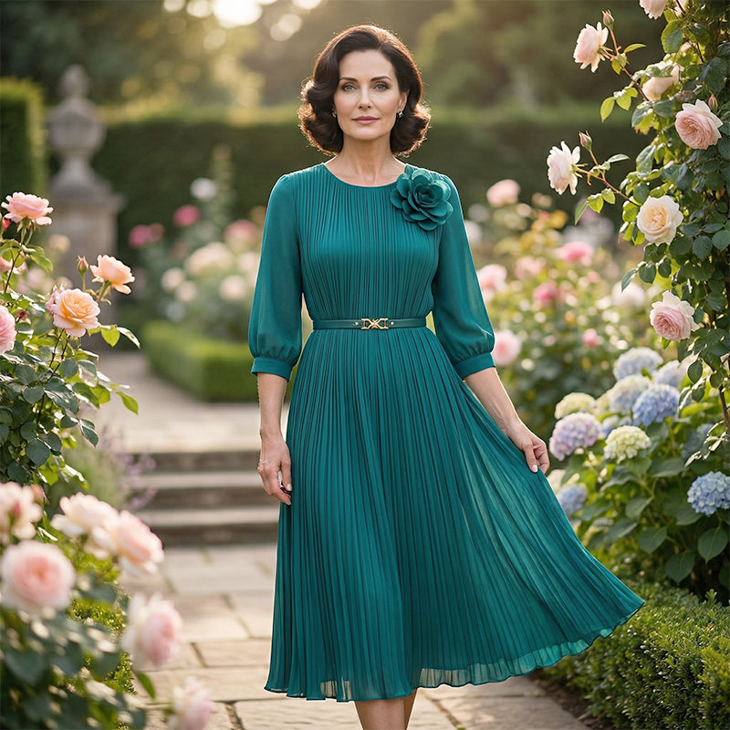 Women's 3/4 Sleeve Pleated Midi Dress with Belt