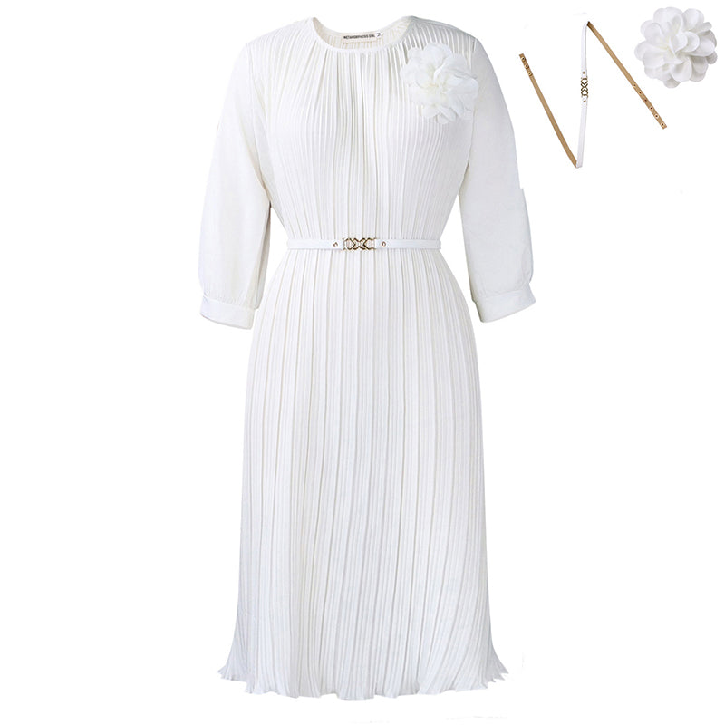 Women's 3/4 Sleeve Pleated Midi Dress with Belt