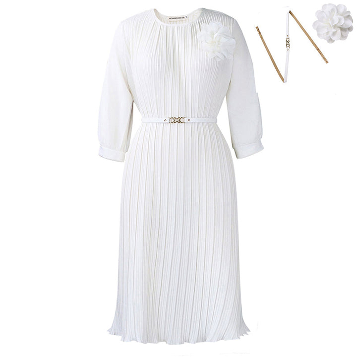 Women's 3/4 Sleeve Pleated Midi Dress with Belt