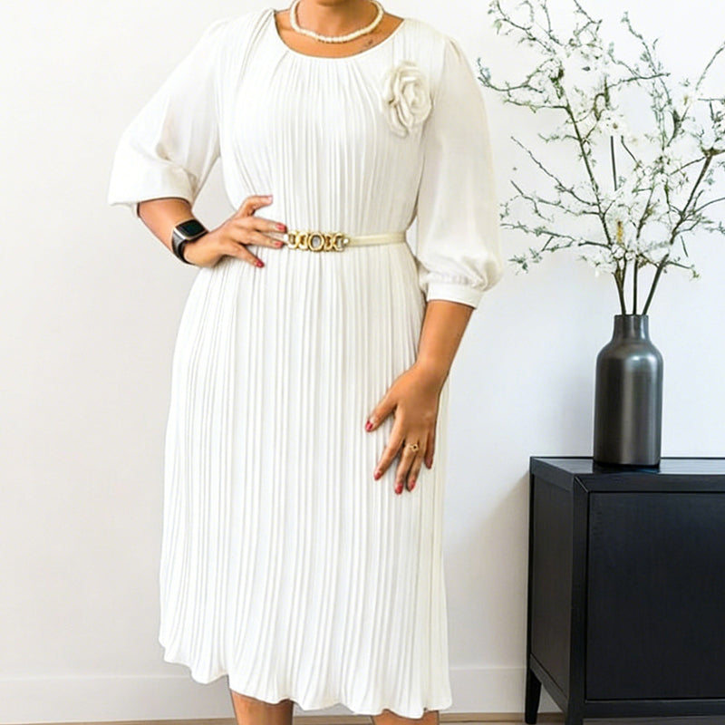 Women's 3/4 Sleeve Pleated Midi Dress with Belt